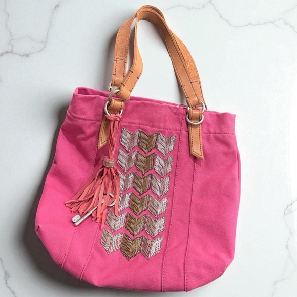 Fossil Jesse Magenta Pink Canvas Boho Tote Bag Beaded Embroidered - Picture 1 of 7